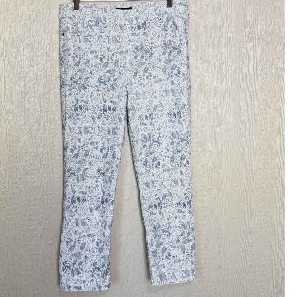 Mario Serrani Italy Women Blue White Floral Damask‎ Pull On Slim Ankle Pants L
